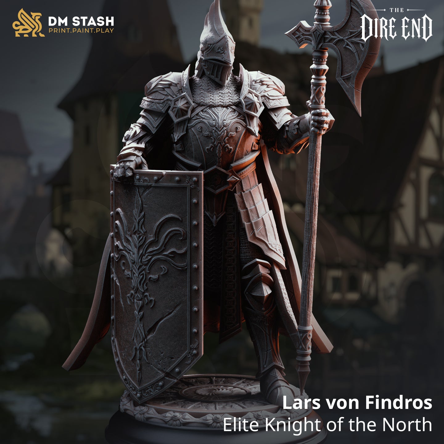 Rear-facing view of an armoured knight showing a long textured cloak worked with fine repeating patterns falling to the ground, layered pauldrons, and a horned helm visible above. Sculpt by DM Stash.