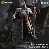Rear-facing view of an armoured knight showing a long textured cloak worked with fine repeating patterns falling to the ground, layered pauldrons, and a horned helm visible above. Sculpt by DM Stash.