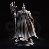 Armoured knight standing upright, resting a tall ornate halberd to one side and gripping a large heraldic shield, wearing engraved full plate with a horned great helm and flowing cloak. Sculpt by DM Stash.