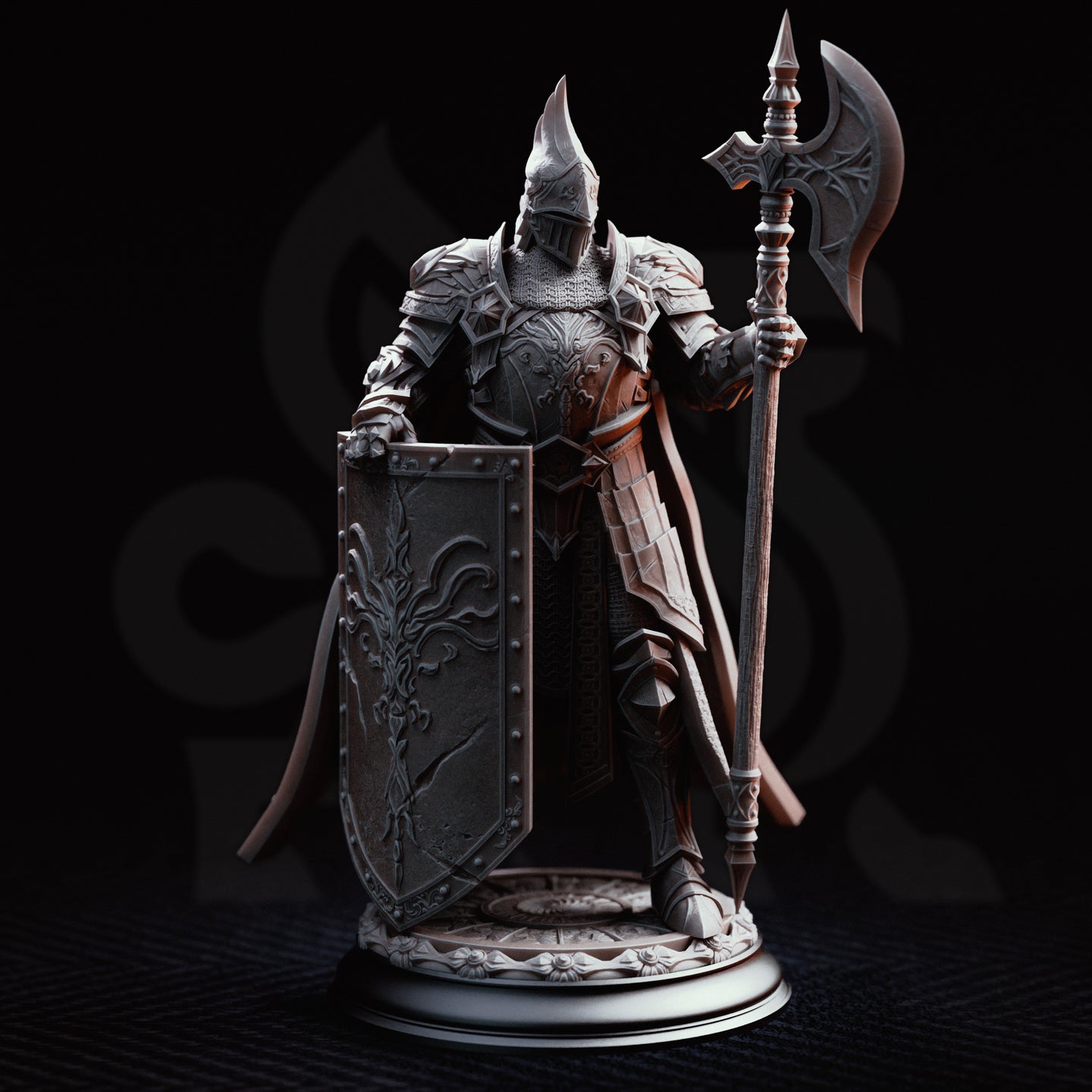 Full-plate knight holding an ornate halberd in one hand and a fleur-de-lis embossed rectangular shield in the other, chainmail visible at the throat, knotwork-engraved armour, on a floral relief base. Sculpt by DM Stash.