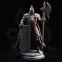 Full-plate knight holding an ornate halberd in one hand and a fleur-de-lis embossed rectangular shield in the other, chainmail visible at the throat, knotwork-engraved armour, on a floral relief base. Sculpt by DM Stash.