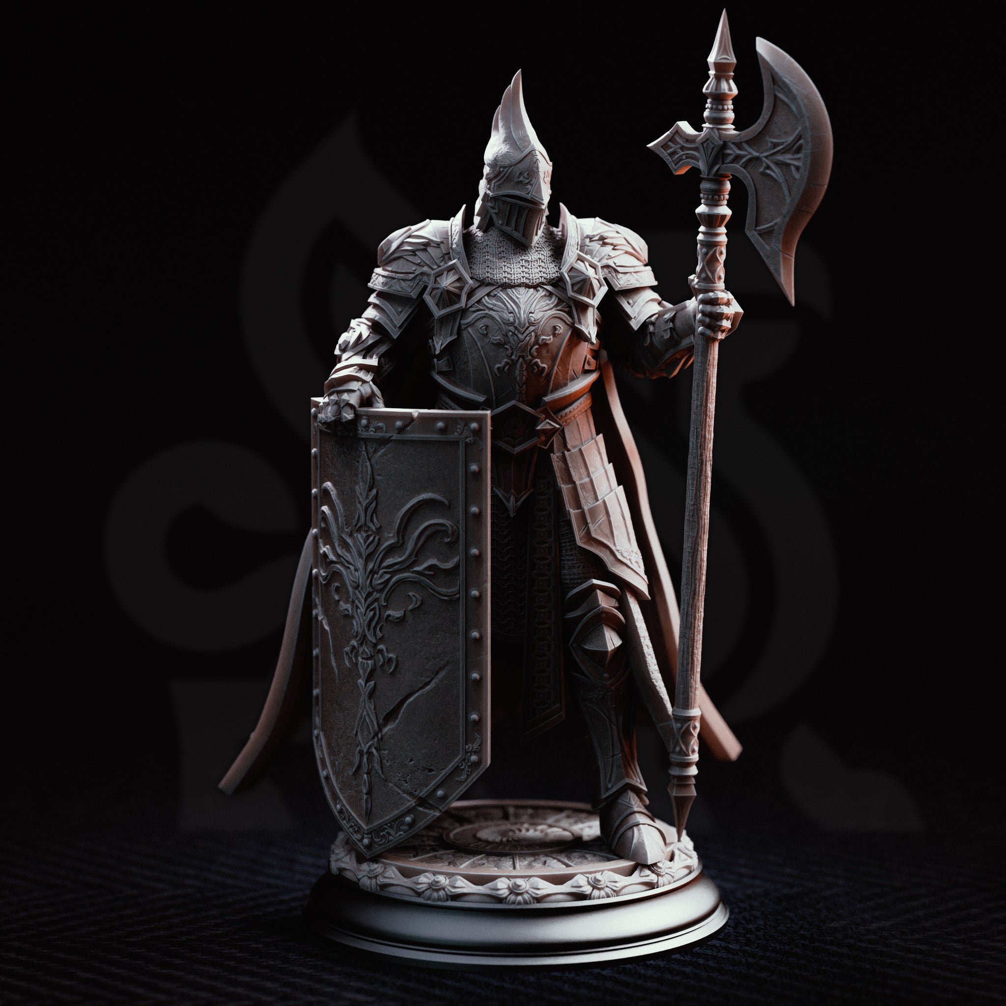 Full-plate knight holding an ornate halberd in one hand and a fleur-de-lis embossed rectangular shield in the other, chainmail visible at the throat, knotwork-engraved armour, on a floral relief base. Sculpt by DM Stash.