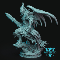 Digital render of the Left Hand of Lilith miniature by Witchsong Miniatures — an unpainted grey resin large-scale devil figure shown mid-stride, wielding a serrated greatsword in her left hand, with large jagged demonic wings spread wide behind her, wearing tattered robes with claw-like trailing edges, half-masked face with flowing hair, mounted on a detailed 80mm scenic rubble base with runic engravings around the rim