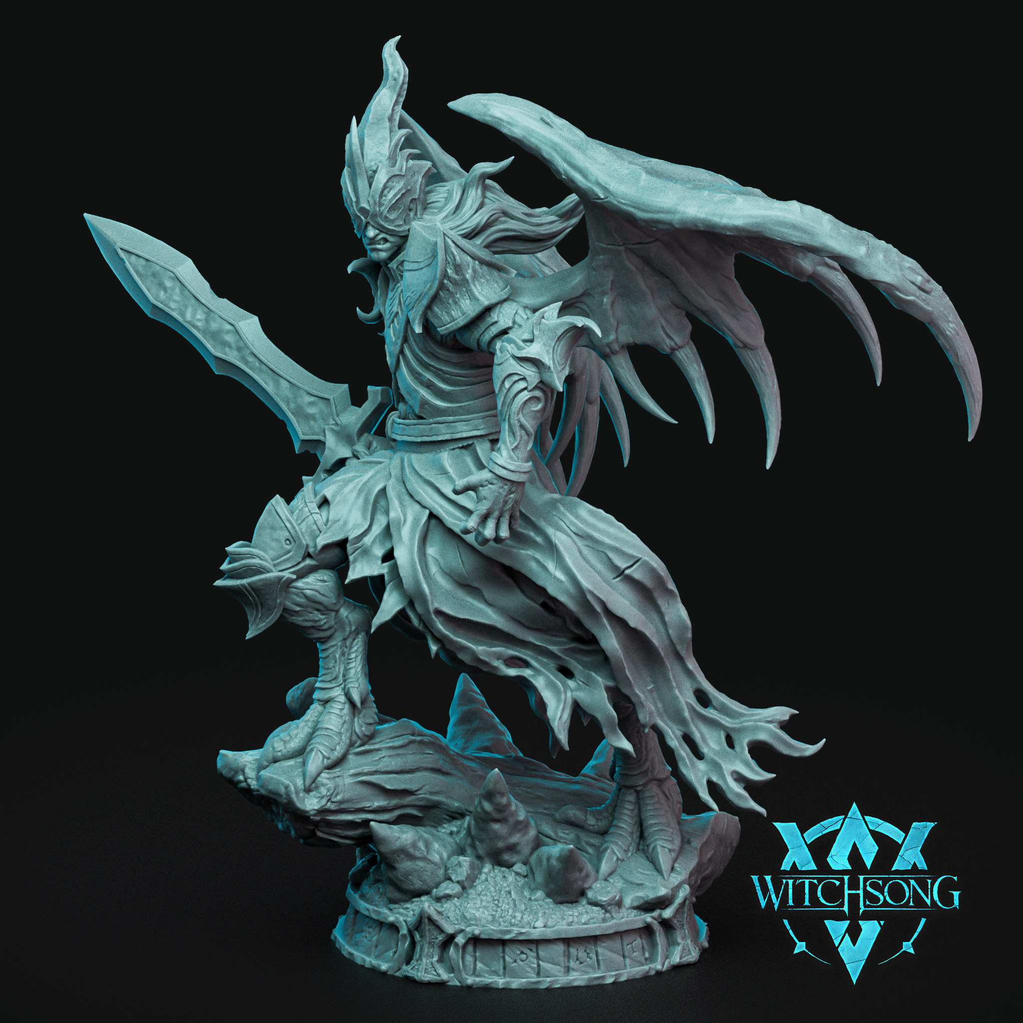 Digital render of the Left Hand of Lilith miniature by Witchsong Miniatures — an unpainted grey resin large-scale devil figure shown mid-stride, wielding a serrated greatsword in her left hand, with large jagged demonic wings spread wide behind her, wearing tattered robes with claw-like trailing edges, half-masked face with flowing hair, mounted on a detailed 80mm scenic rubble base with runic engravings around the rim