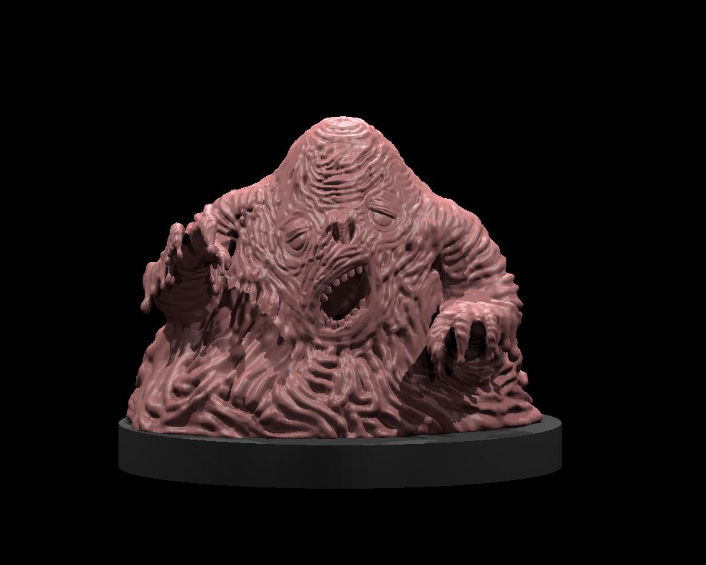 32mm scale resin miniature of a D&D lemure — a hunched, grotesque mass of rippling corrupted flesh on an oval base, with a slack-jawed face, sealed eyes, and one clawed arm raised. Unpainted digital render shown in pink-grey resin.