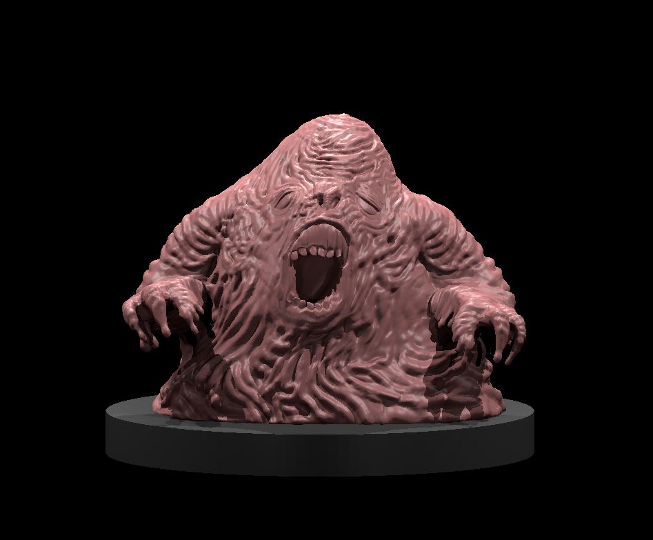 Digital render of a Lemure miniature (variation 2) from MZ4250's Monster Manual 2025 series — a hunched, bloated mass of rippling striated flesh with a wide gaping maw full of blunt teeth, sunken vestigial eye sockets, and long multi-fingered claws reaching outward, mounted on a round black base, shown in unpainted pink-grey resin render
