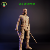 Digital render of Leo Bonhardt assassin miniature — unpainted, shirtless male figure with long hair and a thin moustache, holding two long blades at his sides in a standing pose, with a battle scar across the chest and worn boots, 32mm scale