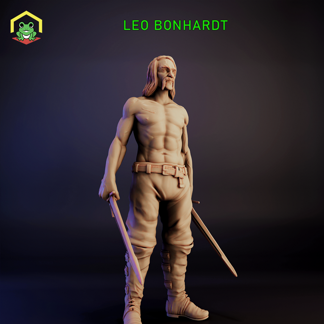 Digital render of Leo Bonhardt assassin miniature — unpainted, shirtless male figure with long hair and a thin moustache, holding two long blades at his sides in a standing pose, with a battle scar across the chest and worn boots, 32mm scale
