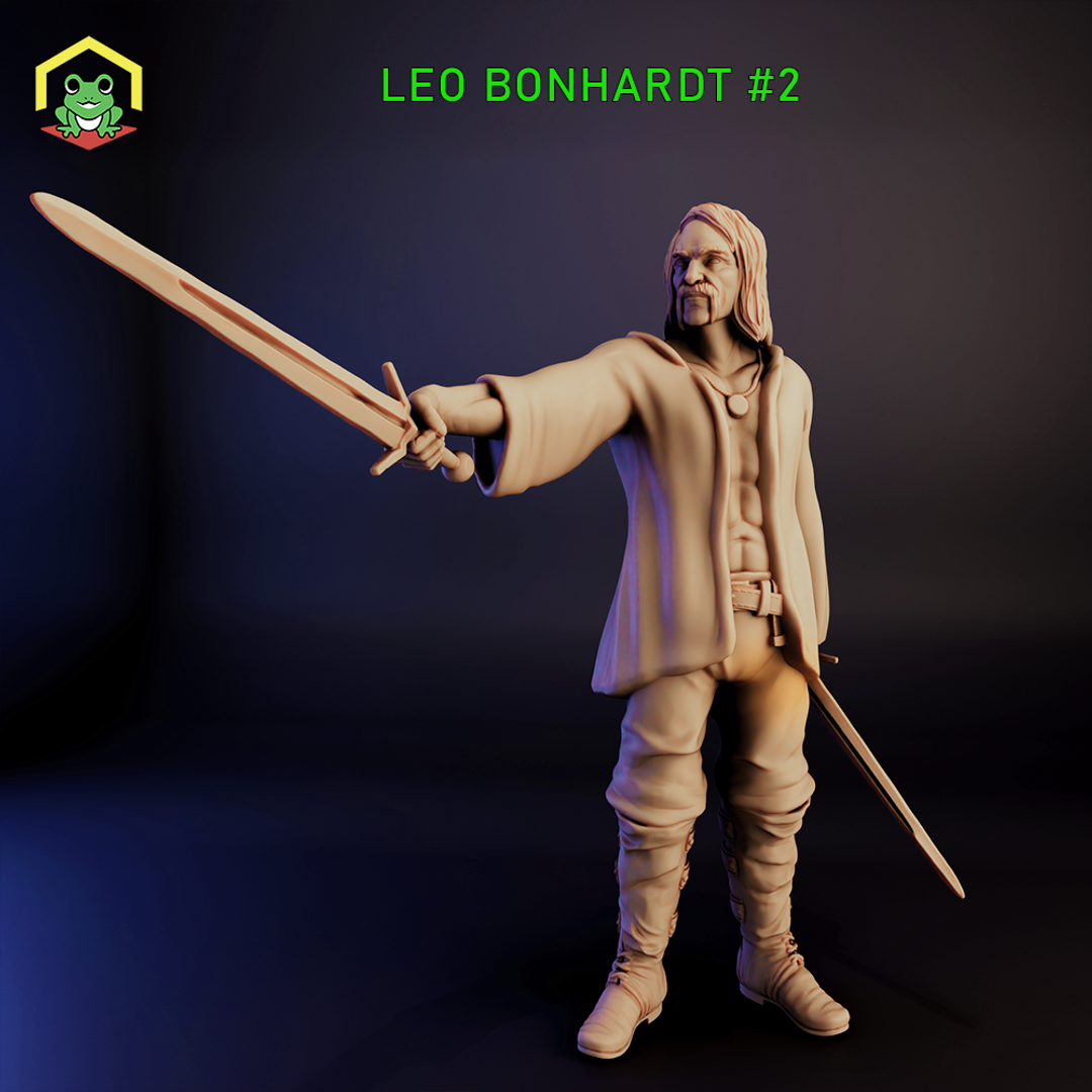 Digital render of Leo Bonhardt assassin miniature, pose 2 — an unpainted 32mm male human figure with long loose hair and a goatee, wearing an open coat over bare chest, extending one longsword forward and holding a second blade low at his side, shown against a dark studio background