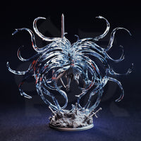 Photograph of unpainted grey resin Leopold the Ascended miniature — rear view showing the full extent of the spectral aura wrapping behind the figure, with red detailing visible in the tendrils and the detailed back plate of the crusader armour visible at the centre