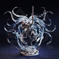Photograph of unpainted grey resin Leopold the Ascended miniature — front view showing the crusader armour detail, flowing tabard, raised sword, and sweeping translucent spectral aura tendrils curling outward from the figure, with a scenic base of shattered stone and fallen blades