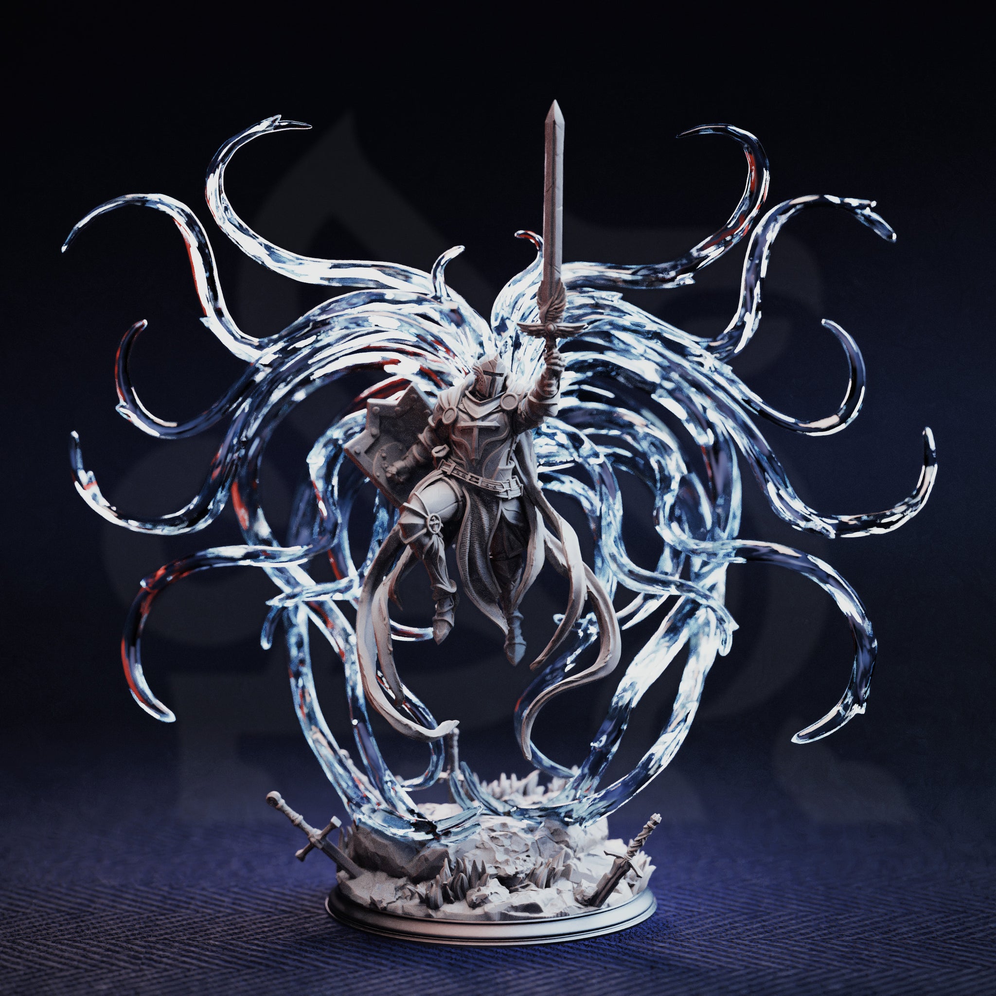 Photograph of unpainted grey resin Leopold the Ascended miniature — front view showing the crusader armour detail, flowing tabard, raised sword, and sweeping translucent spectral aura tendrils curling outward from the figure, with a scenic base of shattered stone and fallen blades