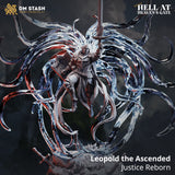 Digital render of Leopold the Ascended miniature from DM Stash's Hell at Heaven's Gate collection — a crusader knight in plate armour floating above a rubble base strewn with broken swords, surrounded by a dramatic corona of swirling spectral tendrils veined with red and blue, sword raised aloft