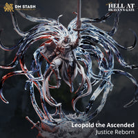 Digital render of Leopold the Ascended miniature from DM Stash's Hell at Heaven's Gate collection — a crusader knight in plate armour floating above a rubble base strewn with broken swords, surrounded by a dramatic corona of swirling spectral tendrils veined with red and blue, sword raised aloft