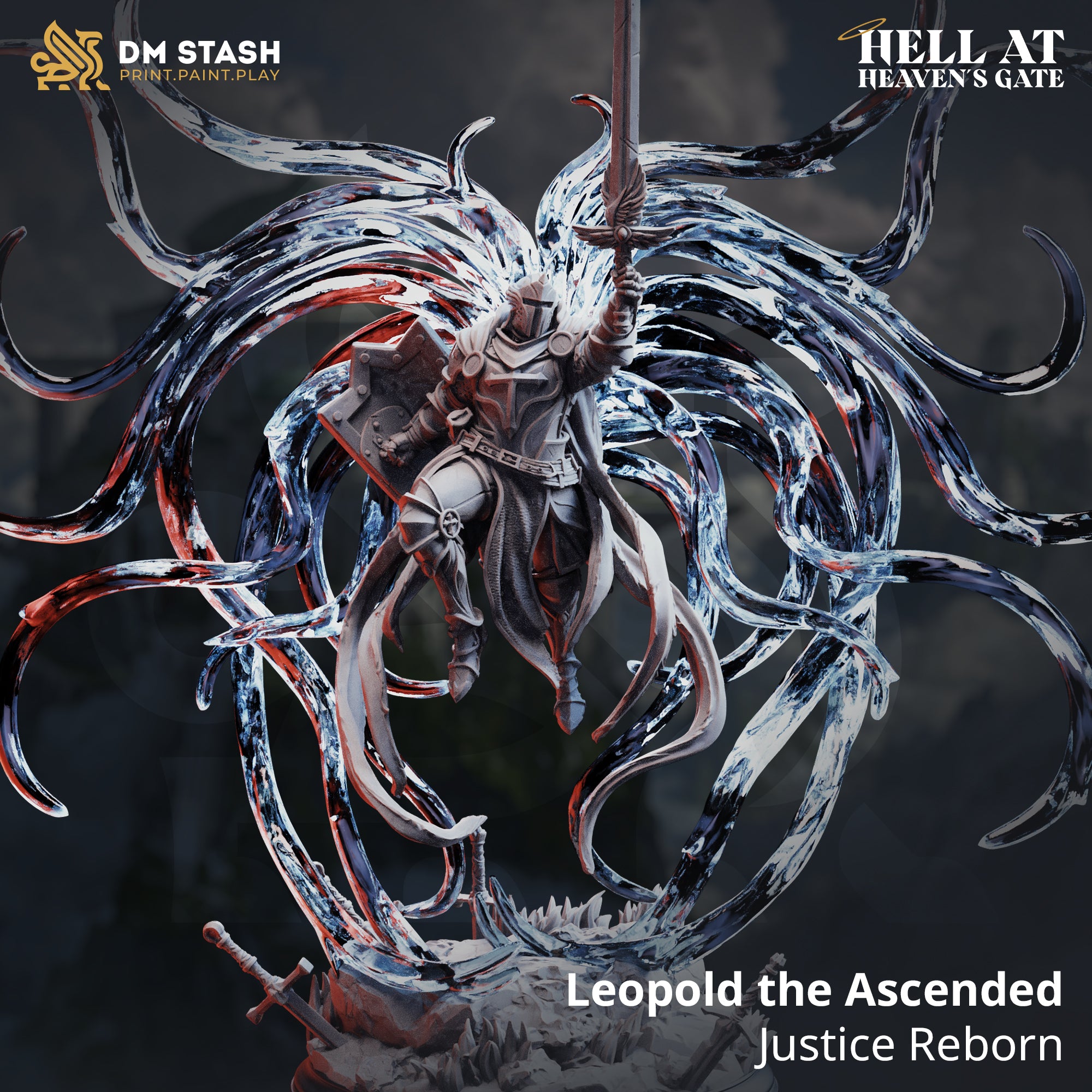 Digital render of Leopold the Ascended miniature from DM Stash's Hell at Heaven's Gate collection — a crusader knight in plate armour floating above a rubble base strewn with broken swords, surrounded by a dramatic corona of swirling spectral tendrils veined with red and blue, sword raised aloft