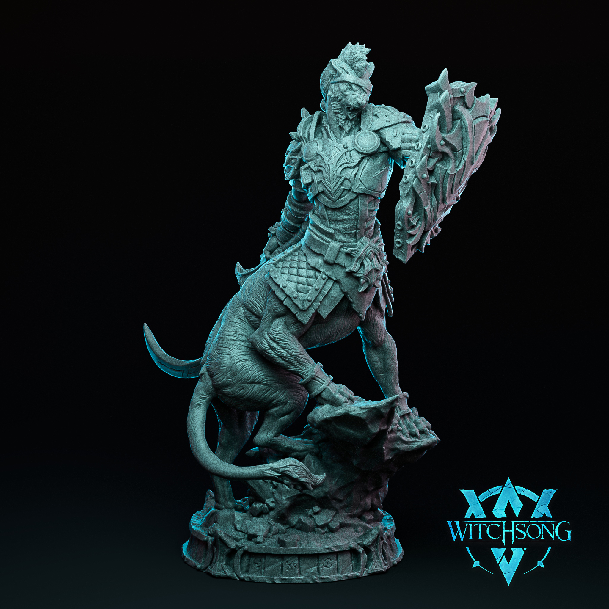 Digital render of the Lionhorde Lieutenant 01 miniature by Witchsong Miniatures — an armoured leonine male warrior in a commanding pose, raising a large jagged spiked war-shield in his right hand, wearing layered plate and scale armour with a central chest medallion. A lean feline companion crouches at his feet on a rubble and runed circular base. The sculpt is shown unpainted in blue-grey digital preview against a dark background.