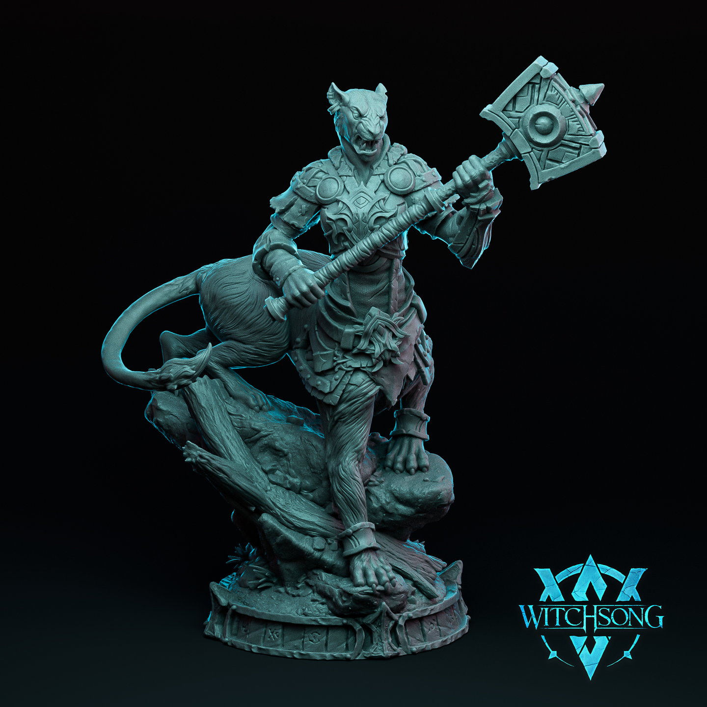 Digital render of the Lionhorde Lieutenant 02 miniature by Witchsong Miniatures — an unpainted grey resin sculpt of a snarling lionfolk warrior in layered battle armour, mid-stride with one foot raised on a rocky base, hauling a large runic warhammer back to strike. Long tail visible behind the figure. 32mm tabletop scale.
