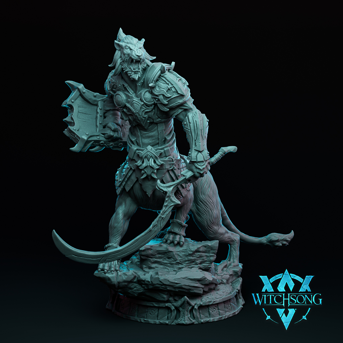 Digital render of the Lionhorde Lieutenant 03 miniature by Witchsong Miniatures — an armoured lionfolk male warrior standing on a rocky scenic base, snarling, with a large serrated axe raised in his right hand and a curved blade held low in his left, wearing engraved pauldrons and breastplate with a long tail sweeping behind him