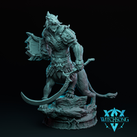 Digital render of the Lionhorde Lieutenant 03 miniature by Witchsong Miniatures — an armoured lionfolk male warrior standing on a rocky scenic base, snarling, with a large serrated axe raised in his right hand and a curved blade held low in his left, wearing engraved pauldrons and breastplate with a long tail sweeping behind him