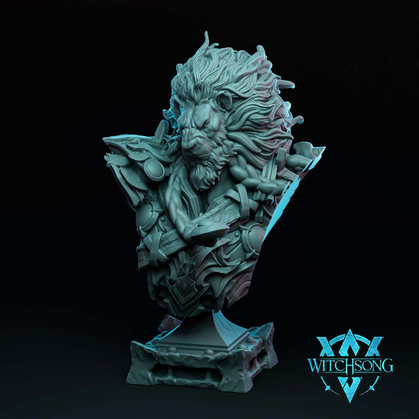 Digital render of the Leoren Lord of the Lionhorde bust by Witchsong Miniatures — an unpainted grey resin display bust depicting a leonine warlord with a flowing mane, ornate plated armour, and a tome or map held in crossed arms, mounted on a textured stone plinth with a dramatic shattered-shard backdrop, shown against a dark background