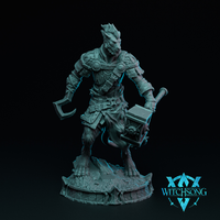 Digital render of an unpainted grey resin Lionhorde Foot Soldier miniature from Witchsong Miniatures — a heavily armoured lionfolk male warrior in mid-stride, wielding a large square-headed warhammer in his right hand and a hatchet in his left, wearing riveted pauldrons and layered leather armour, with digitigrade legs and a wild spiked mane, mounted on a detailed rune-etched scenic base