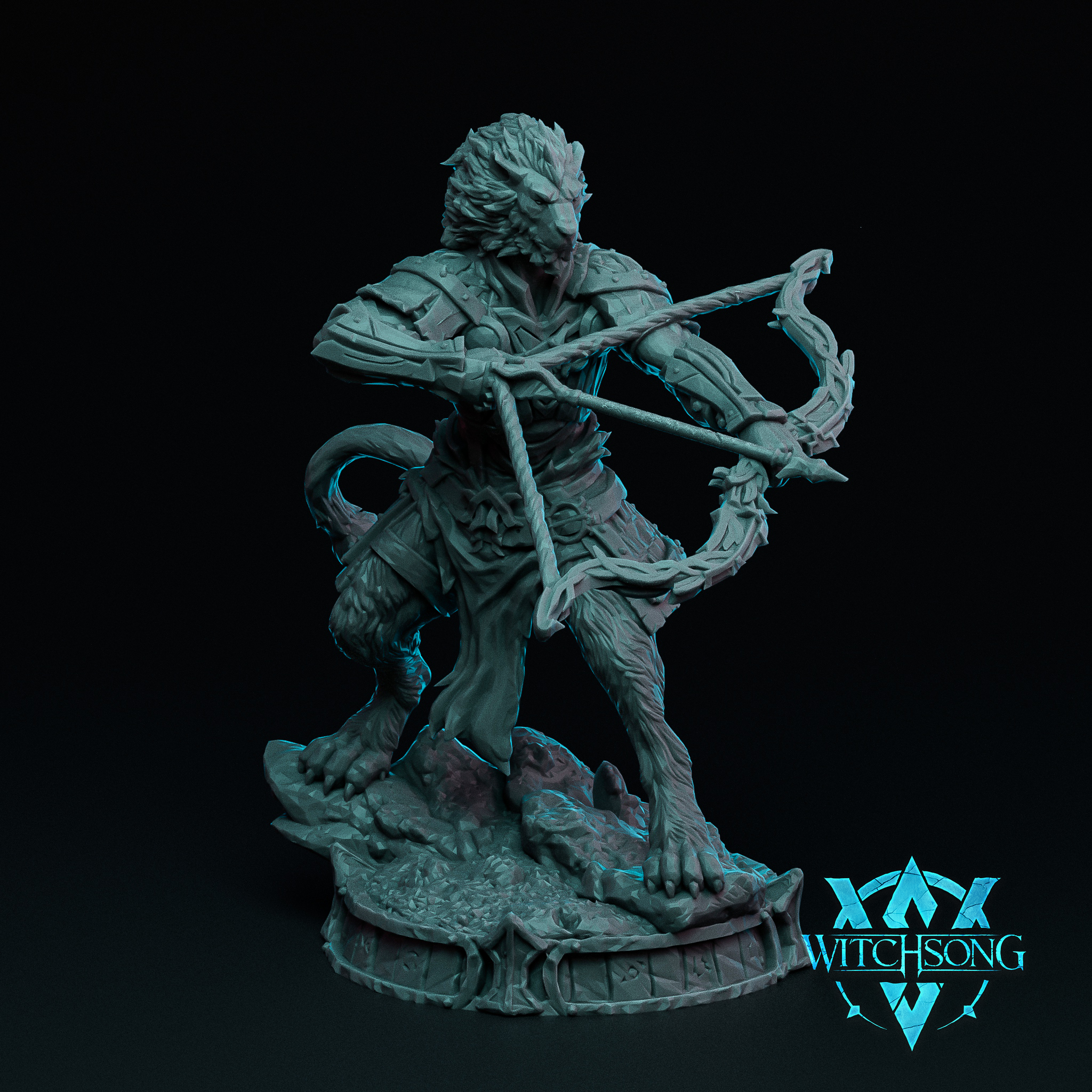 Digital render of the Lionhorde Foot Soldier 02 miniature by Witchsong Miniatures — an unpainted grey resin 32mm scale lionfolk warrior in a crouching combat stance, drawing a gnarled serpentine bow, wearing heavy shoulder armour, with a fur-covered body, clawed feet, and a bristling mane, mounted on a textured rubble scenic base