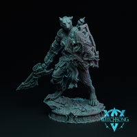 Unpainted grey resin miniature of a bipedal lion-folk warrior in plate armour, striding forward with a flanged axe in one hand and a large ornate shield on the other arm, a spare weapon strapped across the back, standing on a detailed rubble and broken stone base — Lionhorde Foot Soldier 03 by Witchsong Miniatures, 32mm scale