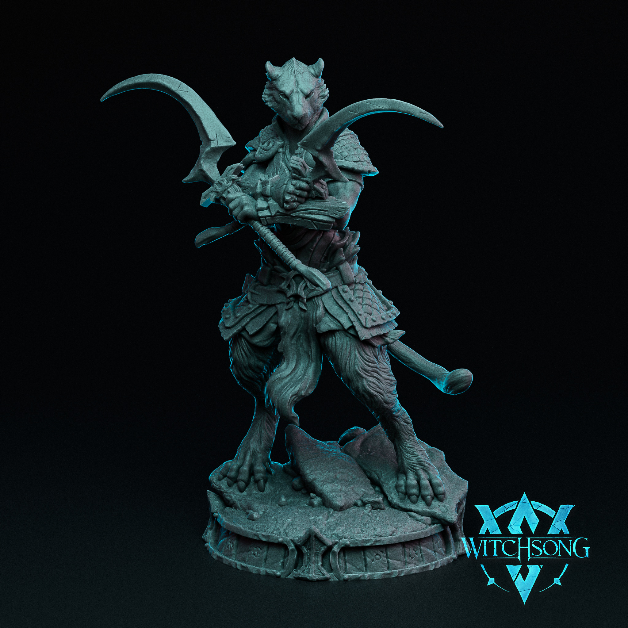 Digital render of an unpainted grey Lionhorde Foot Soldier 04 miniature by Witchsong Miniatures — a lionfolk warrior in scaled armour and layered battle gear, posed in a wide aggressive stance with twin scythes raised, fur-covered digitigrade legs planted on a detailed rubble-strewn scenic base, 32mm tabletop scale
