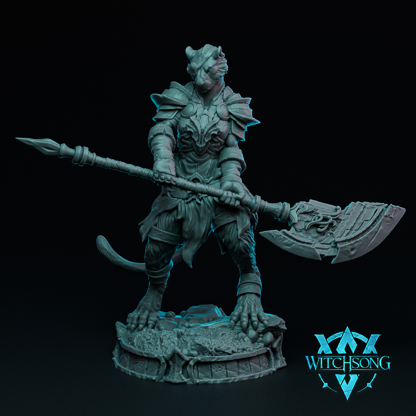 Digital render of an unpainted grey resin Lionhorde Foot Soldier miniature — a scarred leonine warrior in ornate layered plate armour with wing-like pauldrons, holding a large double-headed rune-etched halberd across his body in a guard stance, tail low behind him, standing on a detailed rune-inscribed stone plinth base. Witchsong Miniatures logo visible in the lower right corner.
