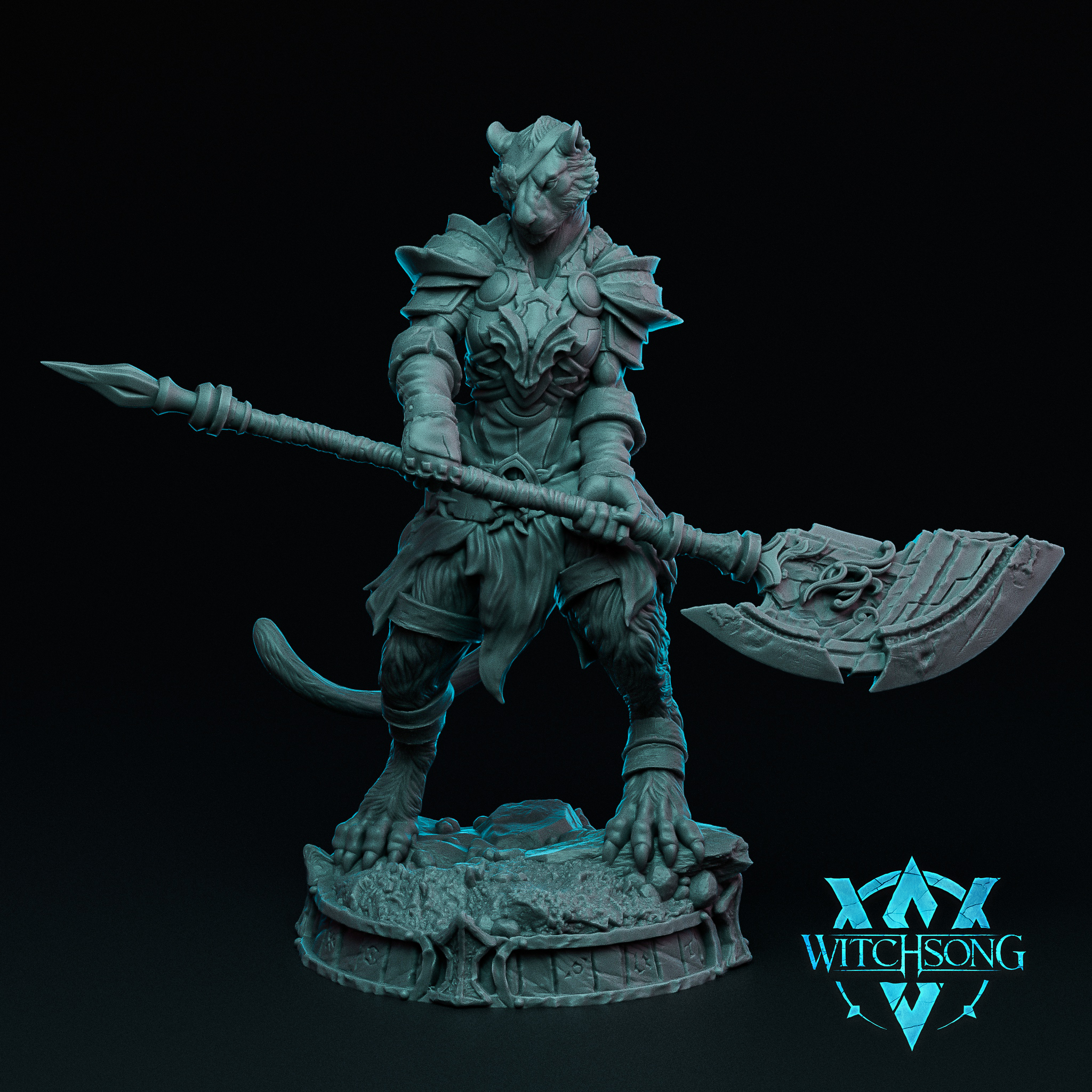 Digital render of an unpainted grey resin Lionhorde Foot Soldier miniature — a scarred leonine warrior in ornate layered plate armour with wing-like pauldrons, holding a large double-headed rune-etched halberd across his body in a guard stance, tail low behind him, standing on a detailed rune-inscribed stone plinth base. Witchsong Miniatures logo visible in the lower right corner.