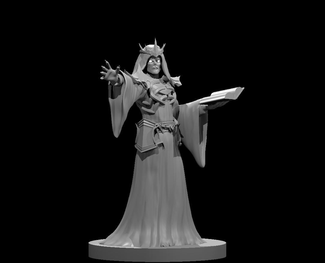 Grey resin digital render of a male lich miniature at 32mm scale — skeletal face with glowing eyes beneath a spiked crown, wide-sleeved ceremonial robes, one clawed hand raised in a casting gesture and the other holding an open spellbook, standing on a flat round base