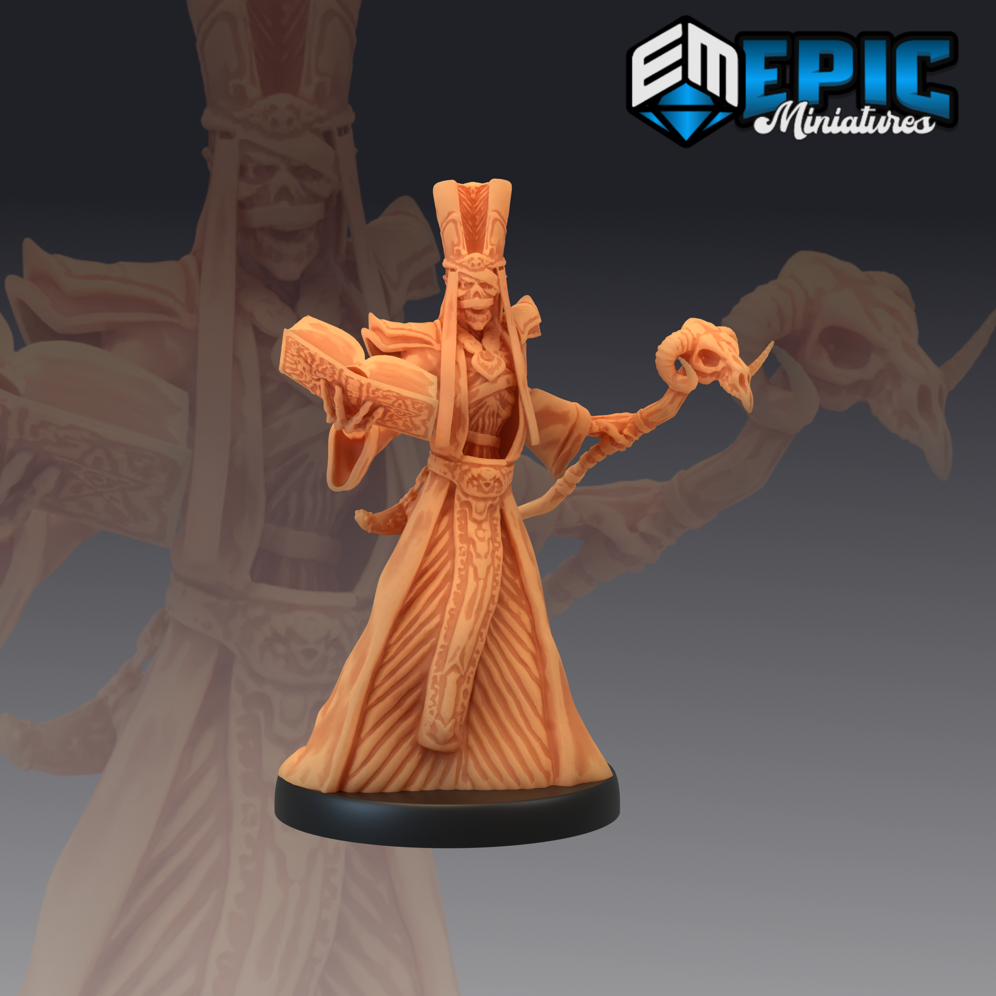 Skeletal lich miniature in tall ceremonial headdress, holding an open rune-carved tome and a curved staff topped with a ram skull, wearing deeply patterned floor-length robes. Sculpt by Epic Miniatures.