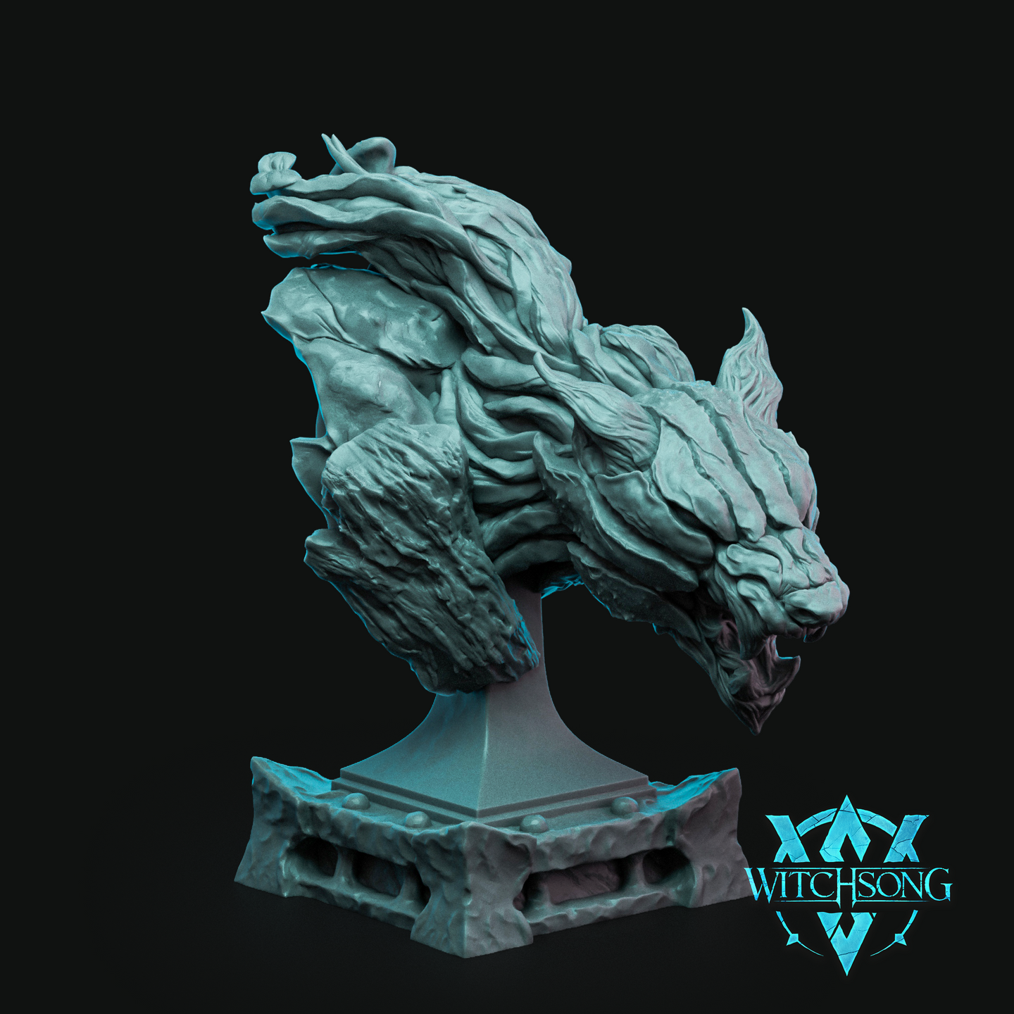 Digital render of the Lichenthrope bust by Witchsong Miniatures — an unpainted teal resin display sculpt showing a snarling lycanthrope head lowered aggressively, covered in layered lichen-like fur and bark-textured hide, mounted on a craggy decorative stone plinth, against a black background