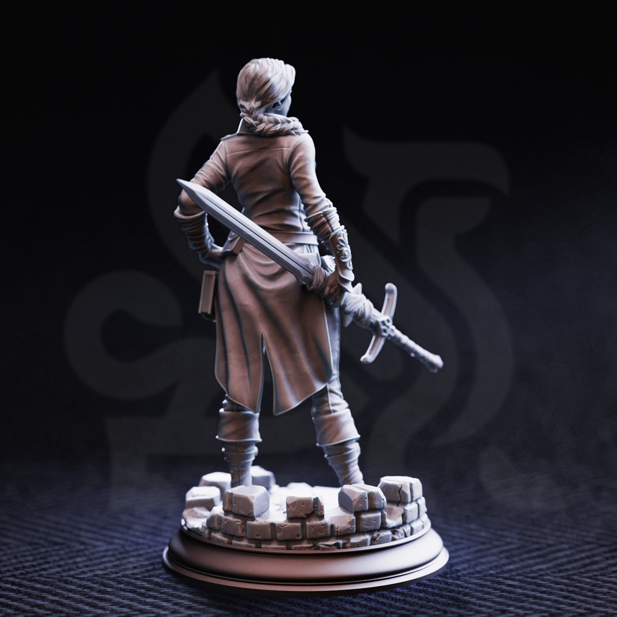 Photograph of the unpainted grey resin Lieutenant Gwendolen Proud miniature from the rear — showing the full-length coat with natural fabric folds, braided hair detail, and a longsword carried in the opposite hand, with the detailed cobblestone rubble base clearly visible.