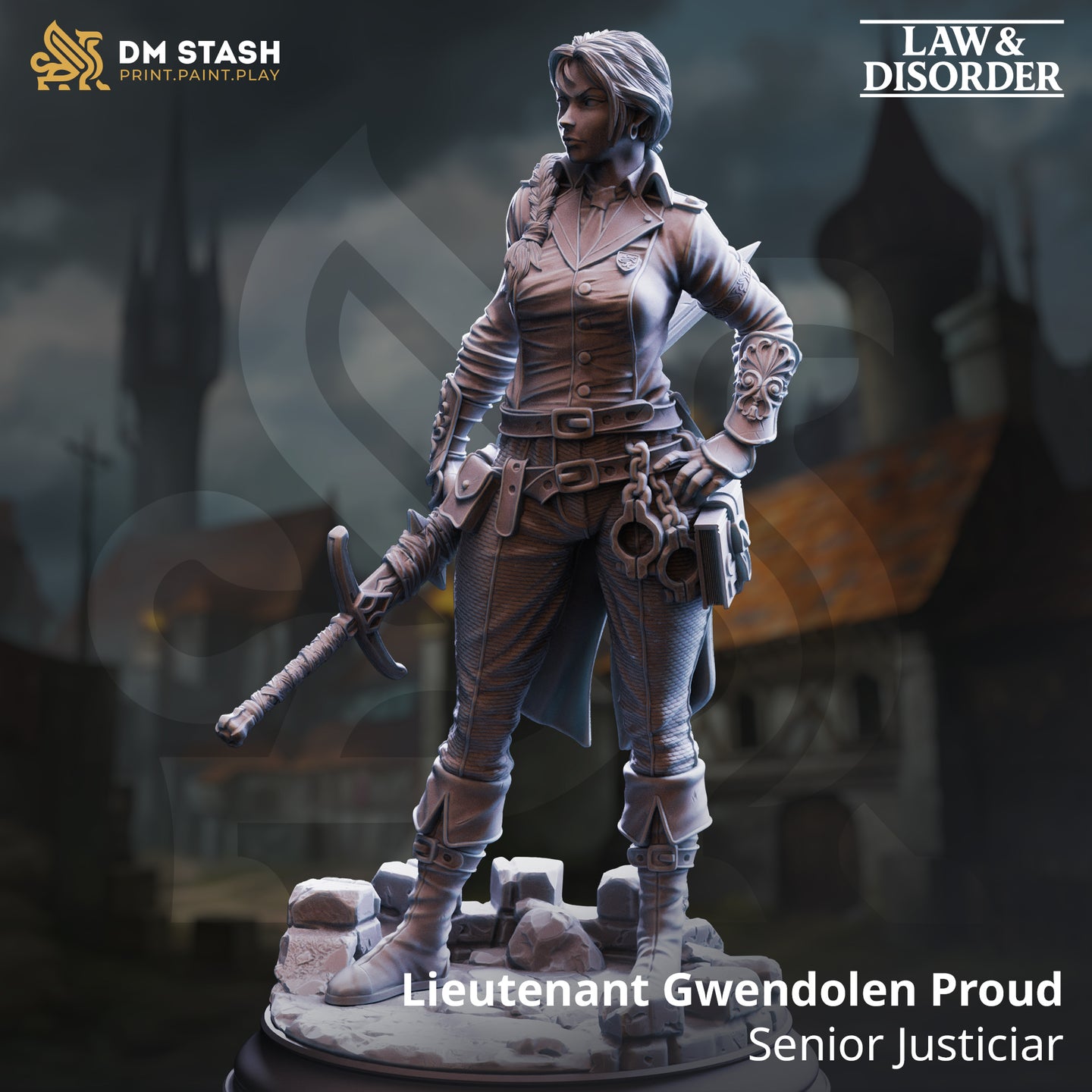 Digital render of Lieutenant Gwendolen Proud Senior Justiciar miniature — unpainted grey sculpt showing a female human in a long buttoned coat with a shield badge, manacles and tome at her belt, short sword held loosely in one hand, standing confidently on a cobblestone rubble base. DM Stash Law and Disorder collection branding visible.
