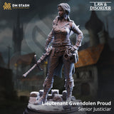 Digital render of Lieutenant Gwendolen Proud Senior Justiciar miniature — unpainted grey sculpt showing a female human in a long buttoned coat with a shield badge, manacles and tome at her belt, short sword held loosely in one hand, standing confidently on a cobblestone rubble base. DM Stash Law and Disorder collection branding visible.