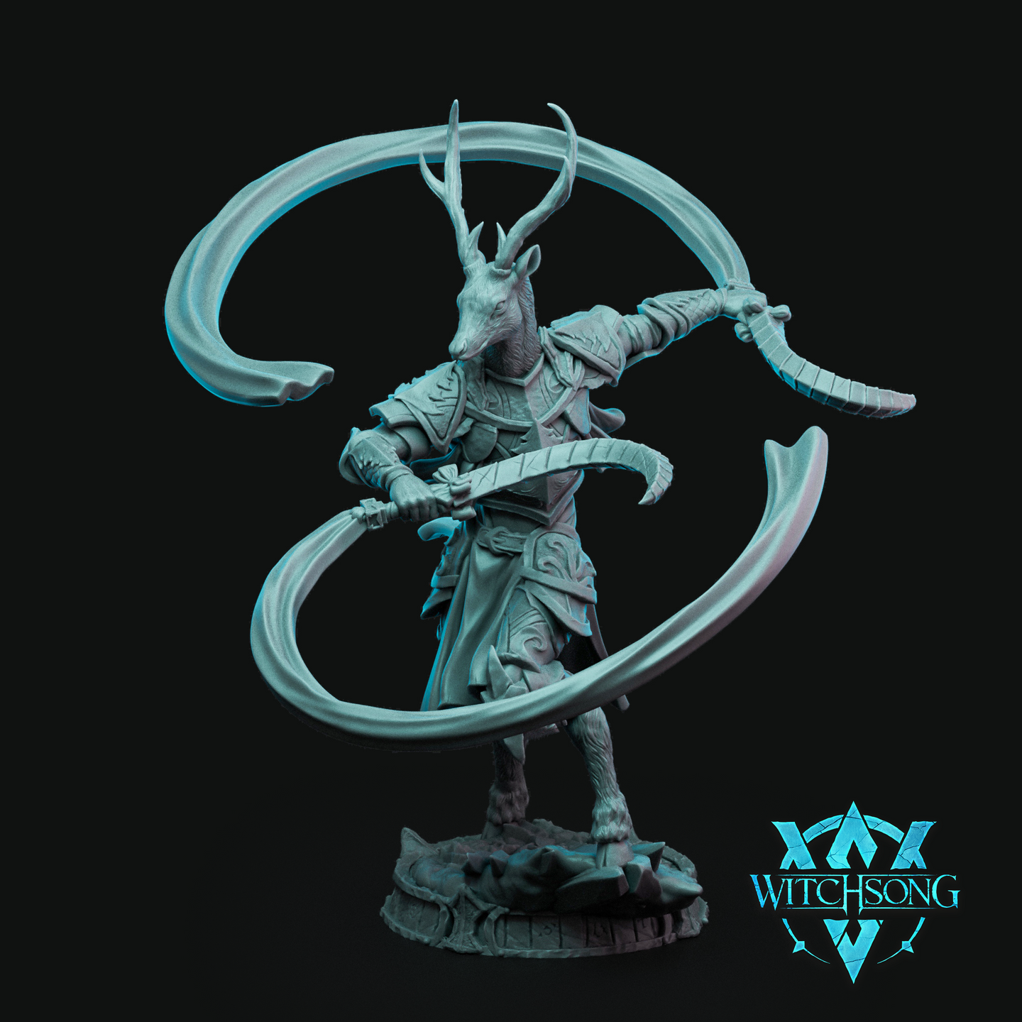 Digital render of a deer-headed fey warrior miniature in a dynamic dual-wielding pose, both hands sweeping large curved scythes that trail dramatic arcing spectral ribbons of energy, wearing engraved armour and layered robes, on a rocky base — Santa's Coursers by Witchsong Miniatures