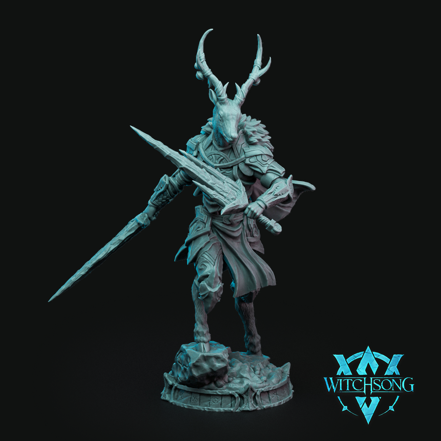 Digital render of a deer-headed fey warrior miniature standing in a composed combat stance, levelling a long bone-tipped spear forward while holding a short blade at the hip, wearing detailed armoured robes over hooved legs, on a runic circular base — Santa's Coursers by Witchsong Miniatures