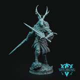 Digital render of a deer-headed fey warrior miniature standing in a composed combat stance, levelling a long bone-tipped spear forward while holding a short blade at the hip, wearing detailed armoured robes over hooved legs, on a runic circular base — Santa's Coursers by Witchsong Miniatures