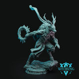 Digital render of a deer-headed fey warrior miniature mid-lunge, raising a heavy crescent axe in one hand with a billowing cloak streaming behind, wearing layered armour with fur-tufted legs and hooves, on a flat rocky base — Santa's Coursers by Witchsong Miniatures