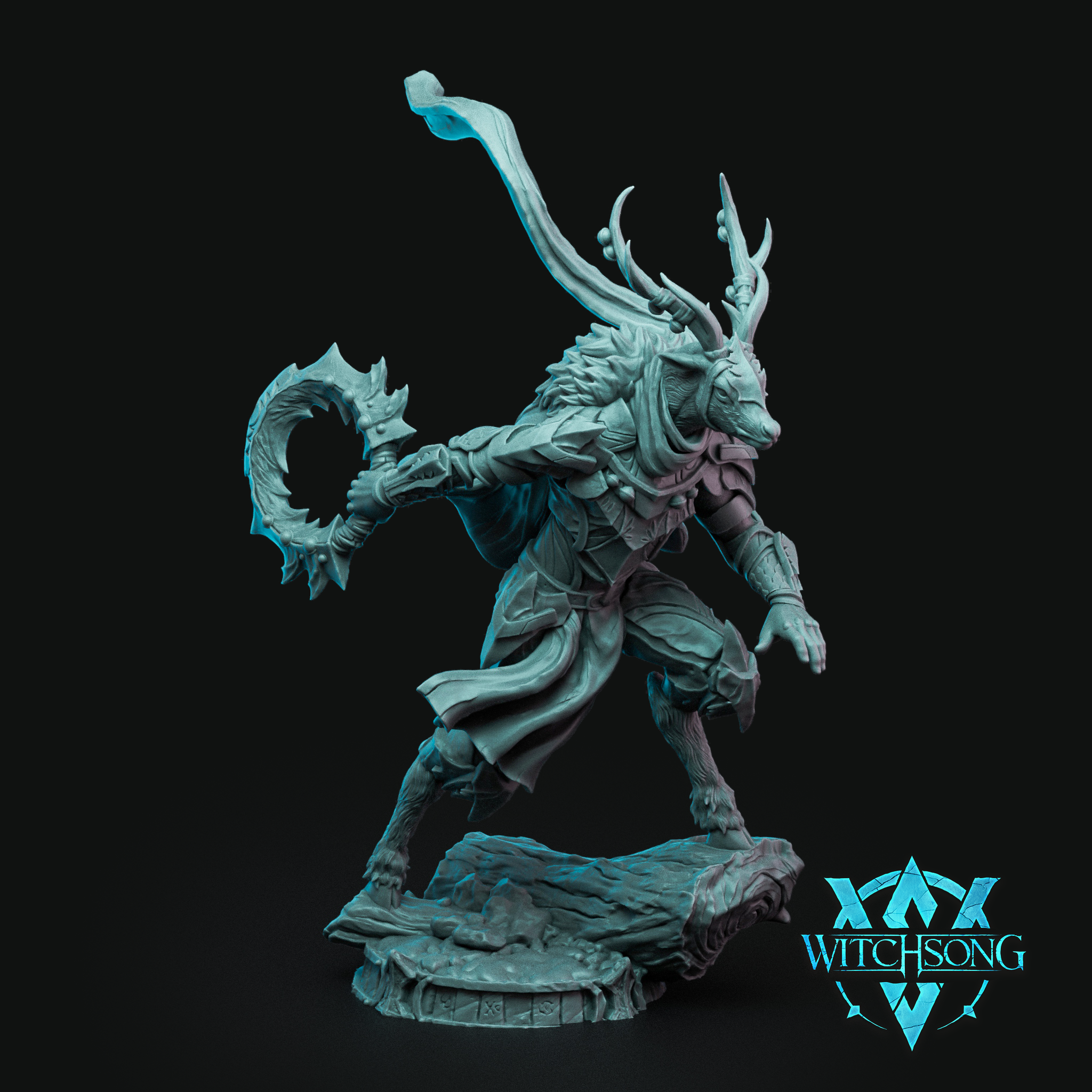 Digital render of a deer-headed fey warrior miniature mid-lunge, raising a heavy crescent axe in one hand with a billowing cloak streaming behind, wearing layered armour with fur-tufted legs and hooves, on a flat rocky base — Santa's Coursers by Witchsong Miniatures