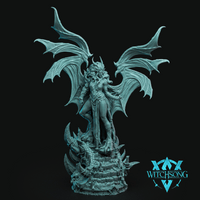 Digital render of the Lilith miniature by Witchsong Miniatures — an unpainted teal resin-coloured devil queen with large bat-like wings fully spread, scaled armour, horns, and flowing hair, standing atop a detailed scenic base featuring a dragon skull, ruined stonework steps, and scattered bones