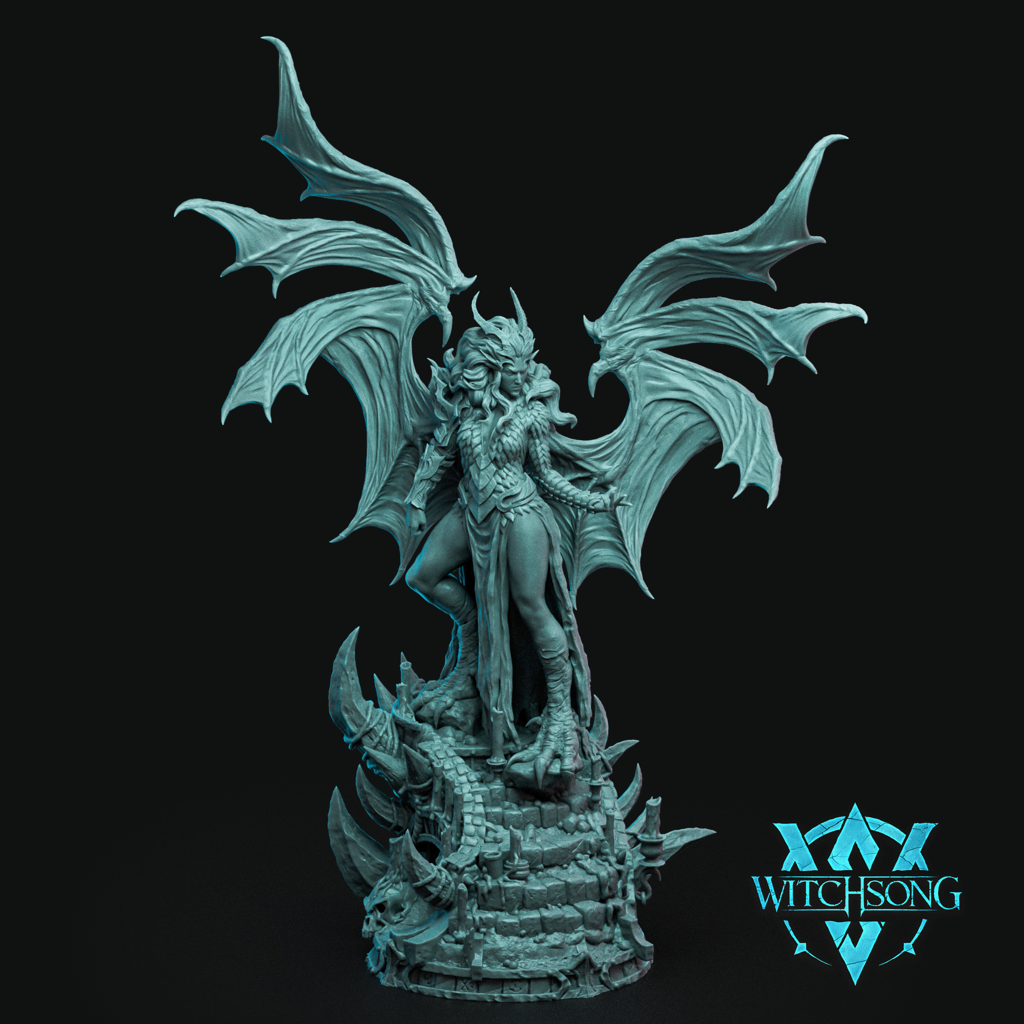 Digital render of the Lilith miniature by Witchsong Miniatures — an unpainted teal resin-coloured devil queen with large bat-like wings fully spread, scaled armour, horns, and flowing hair, standing atop a detailed scenic base featuring a dragon skull, ruined stonework steps, and scattered bones