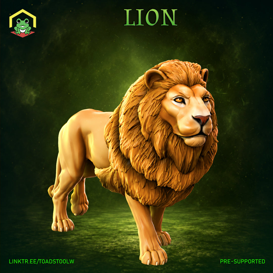 Male lion standing with head turned, thick layered mane framing a focused expression. Powerful legs planted wide, smooth muscular body tapering to a long tail. Sculpt by The Toadstool Weaver.