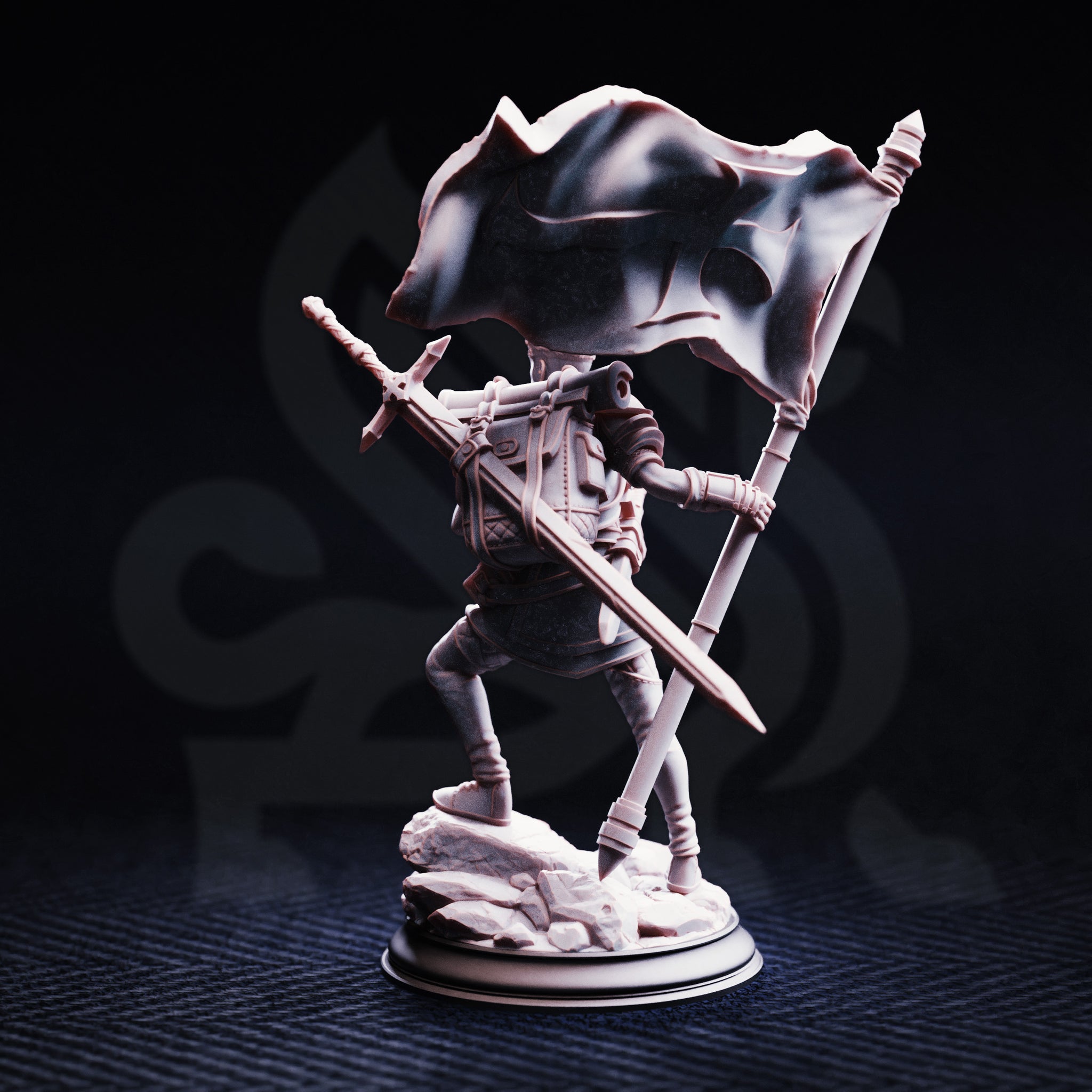 Rear three-quarter view of the unpainted Lionel Donmeir Squire of Justice resin miniature on a black background, showing the back detail of his pack and equipment strapping, the longsword scabbard, and the full sweep of the war-banner carried in his outstretched left hand