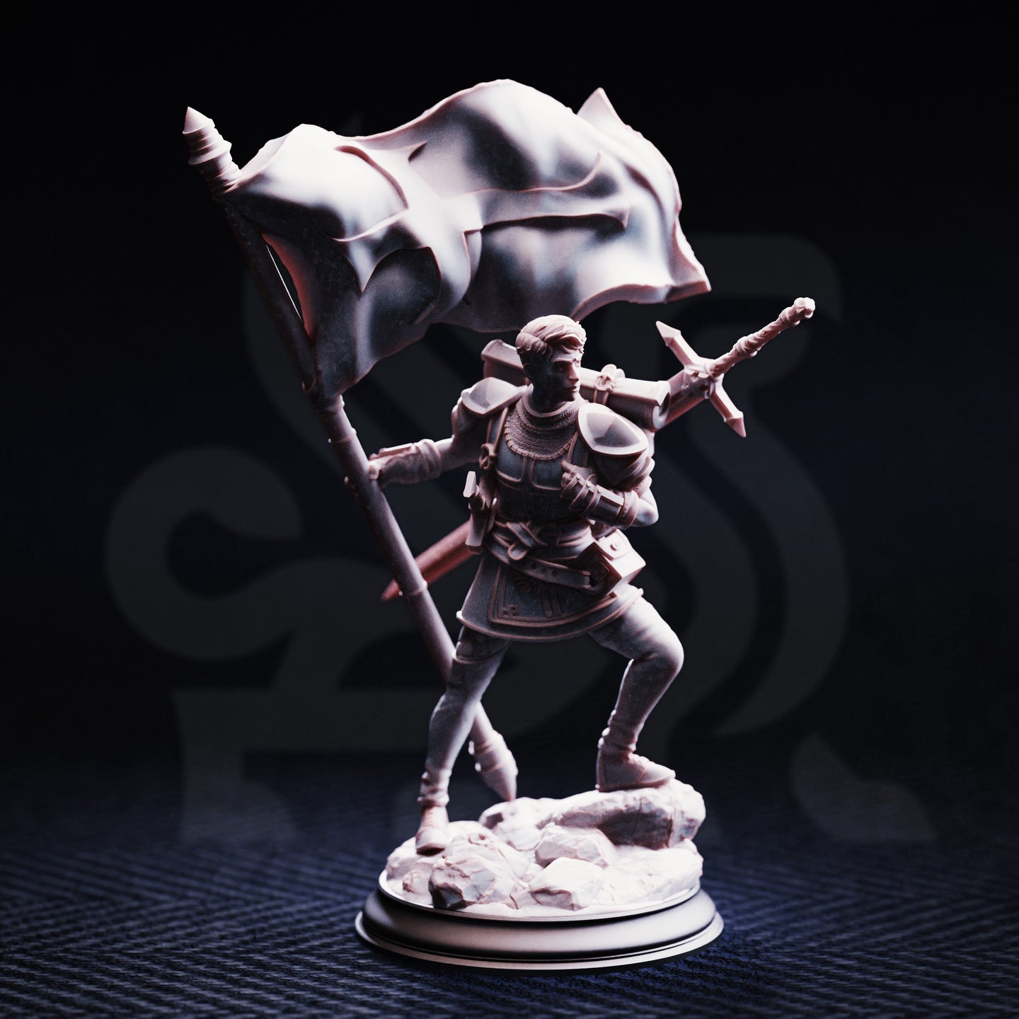 Front view of the unpainted Lionel Donmeir Squire of Justice resin miniature on a black background, clearly showing the billowing banner overhead, the chainmail coif and pauldrons, the longsword slung across his back, and the detailed rocky scenic base
