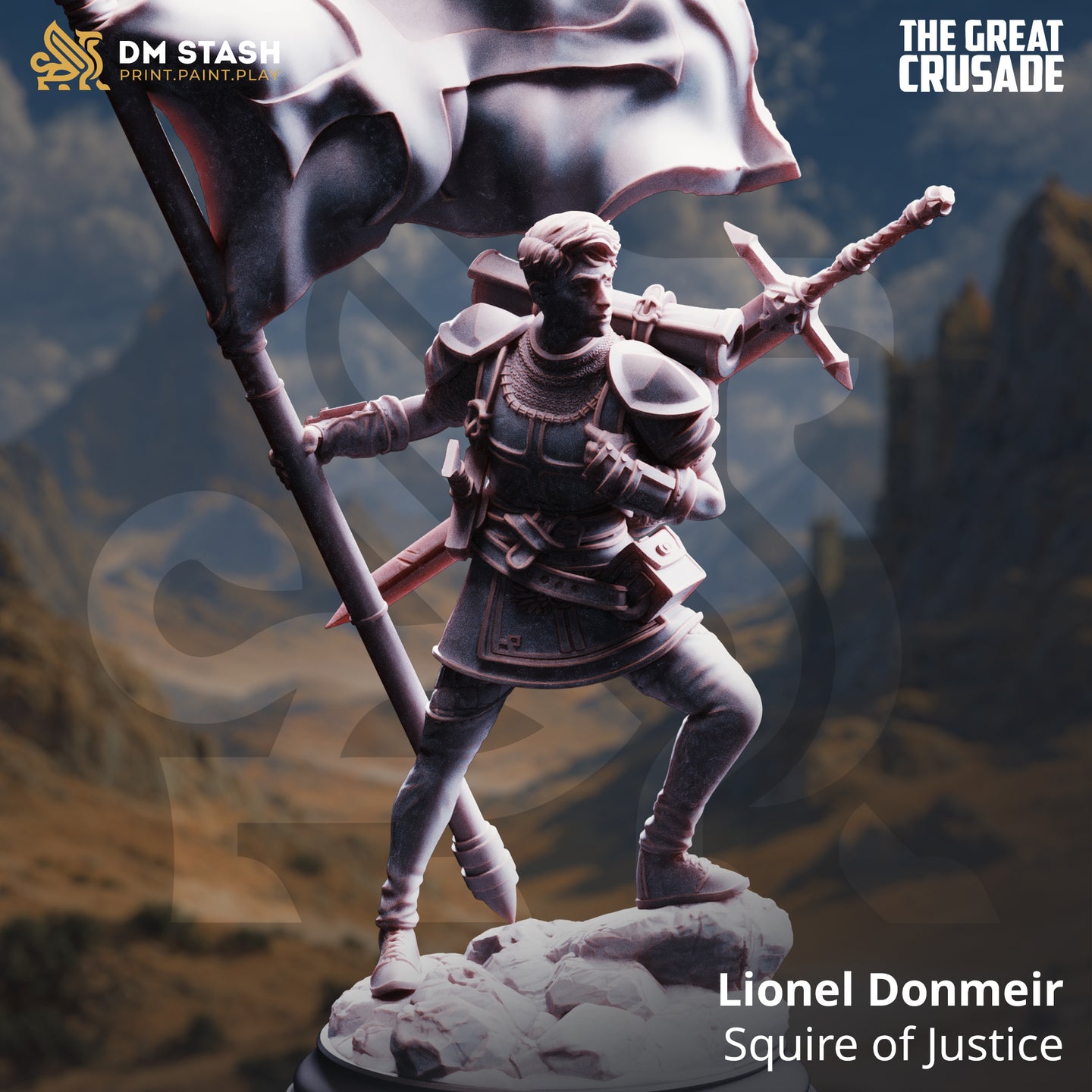 Promotional render of Lionel Donmeir Squire of Justice miniature from DM Stash's The Great Crusade range, showing an unpainted grey resin sculpt of a young male warrior in chainmail and partial plate armour, holding a large billowing war-banner in his left hand and reaching back toward a longsword with his right, standing in a wide braced stance on a rocky base against a mountain backdrop