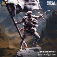 Promotional render of Lionel Donmeir Squire of Justice miniature from DM Stash's The Great Crusade range, showing an unpainted grey resin sculpt of a young male warrior in chainmail and partial plate armour, holding a large billowing war-banner in his left hand and reaching back toward a longsword with his right, standing in a wide braced stance on a rocky base against a mountain backdrop