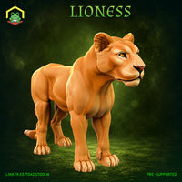 A lioness standing in an alert pose, head raised and turned slightly, weight shifted forward. Heavily muscled shoulders, chest and forelegs with detailed paw sculpting. By The Toadstool Weaver.