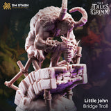 Broad-backed troll hunched low over a crumbling stone bridge base, tattered cloth around its waist, scattered timber posts and rope details visible from behind. DM Stash sculpt.